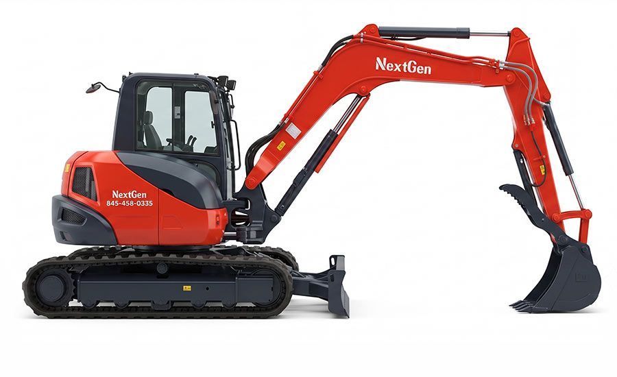 Orange and black mini excavator with extended arm and bucket on a white background