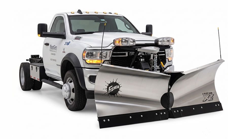 White pickup truck with a front snow plow attachment on a plain background
