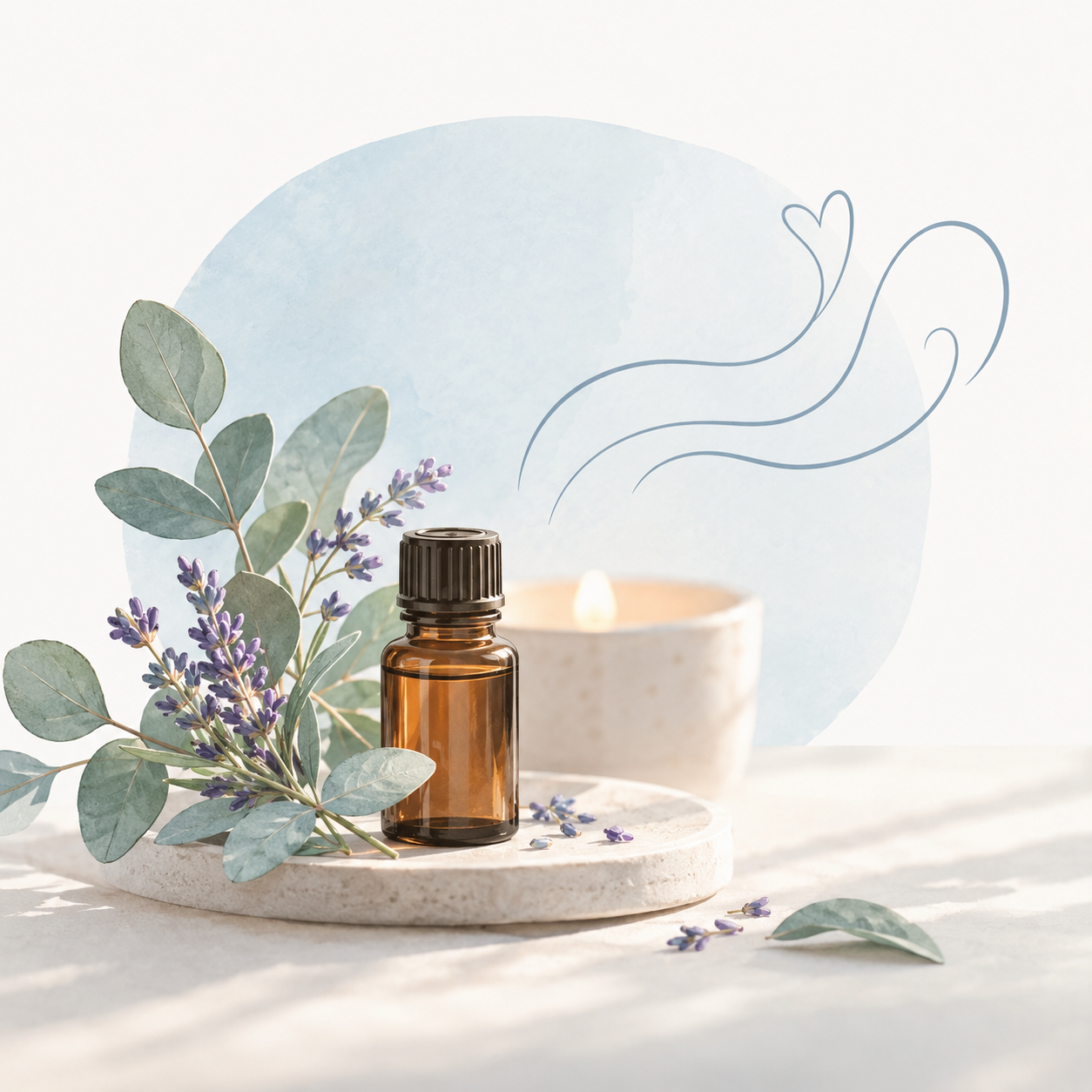 Aromatherapie-Szene mit einer bernsteinfarbenen Flasche, einer Kerze und Lavendelzweigen auf einem Steintablett