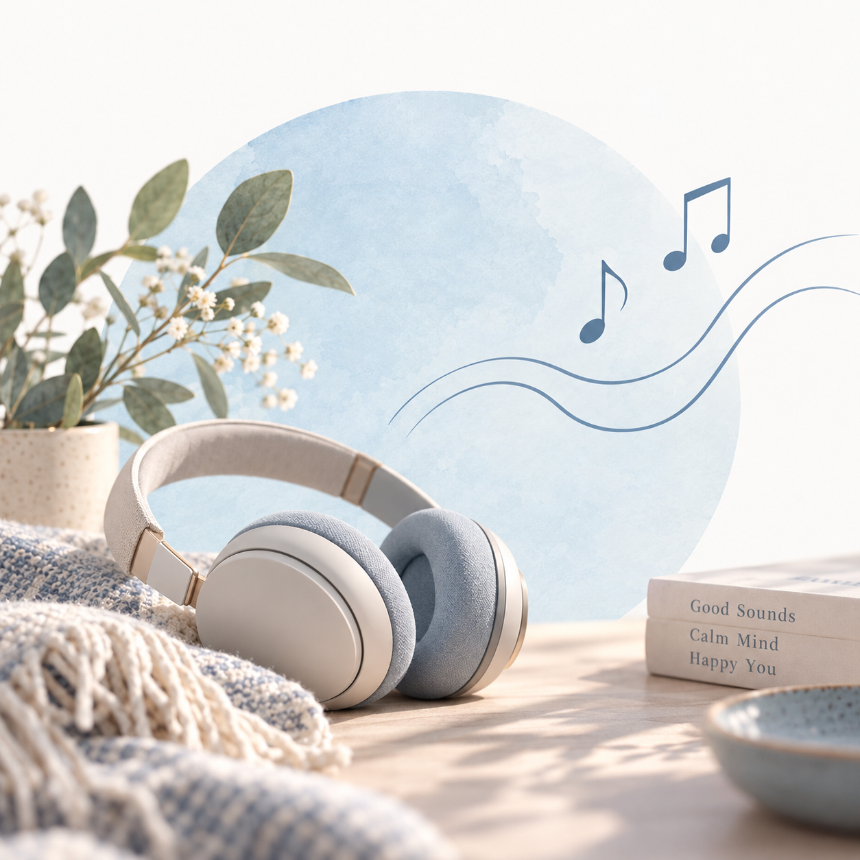 Weiße Kopfhörer auf einem gemütlichen Tisch mit Pflanzen, sanftem Licht und schwebenden Musiknoten im Hintergrund
