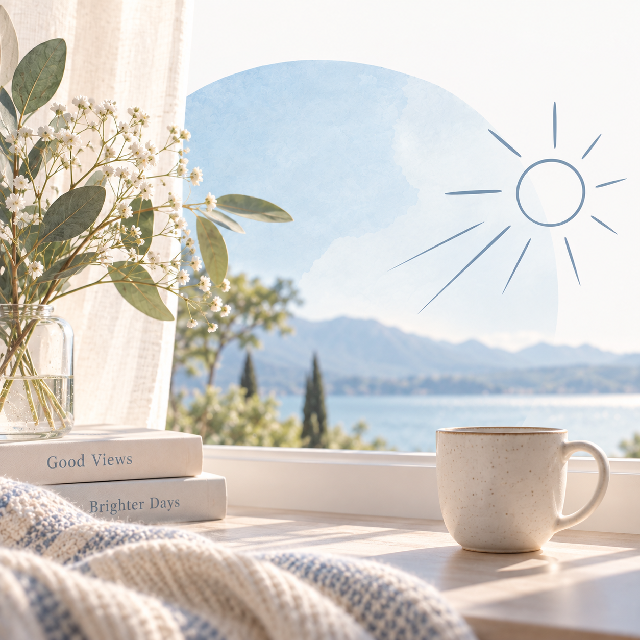 Gemütliche Fensterbank mit einer Vase voller Blumen, gestapelten Büchern, einer Tasse und einem sonnigen Blick auf den See.