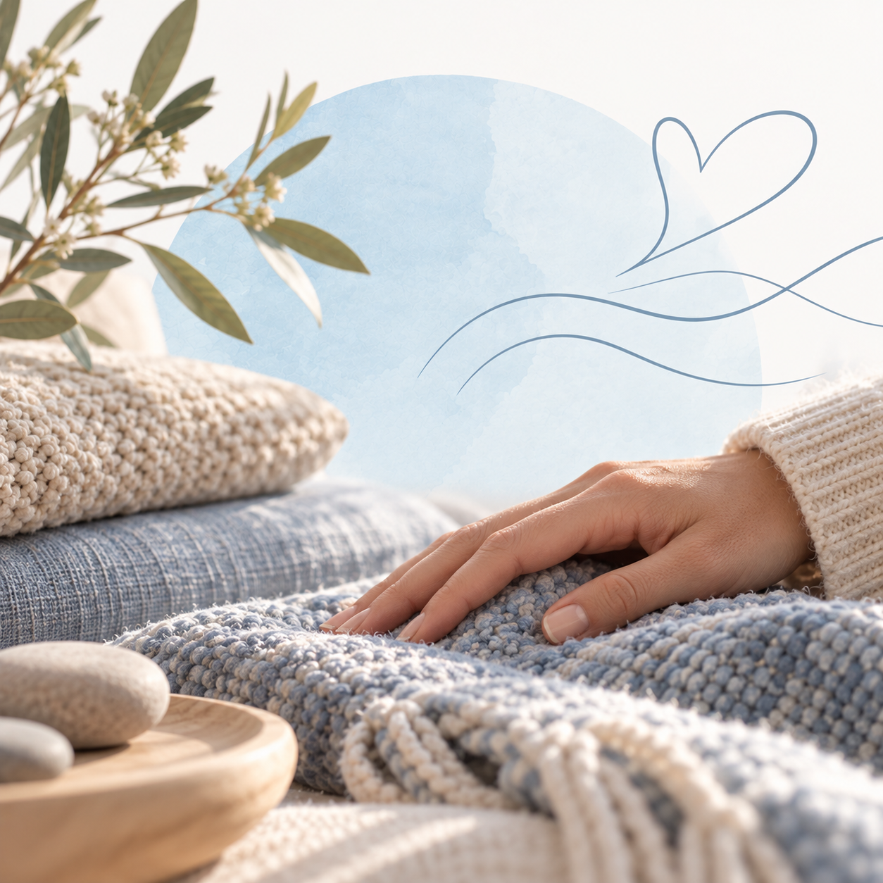 Eine Hand ruht auf einer blauen Strickdecke neben einem Holztablett, im Hintergrund weiche Blätter und eine Herzskizze