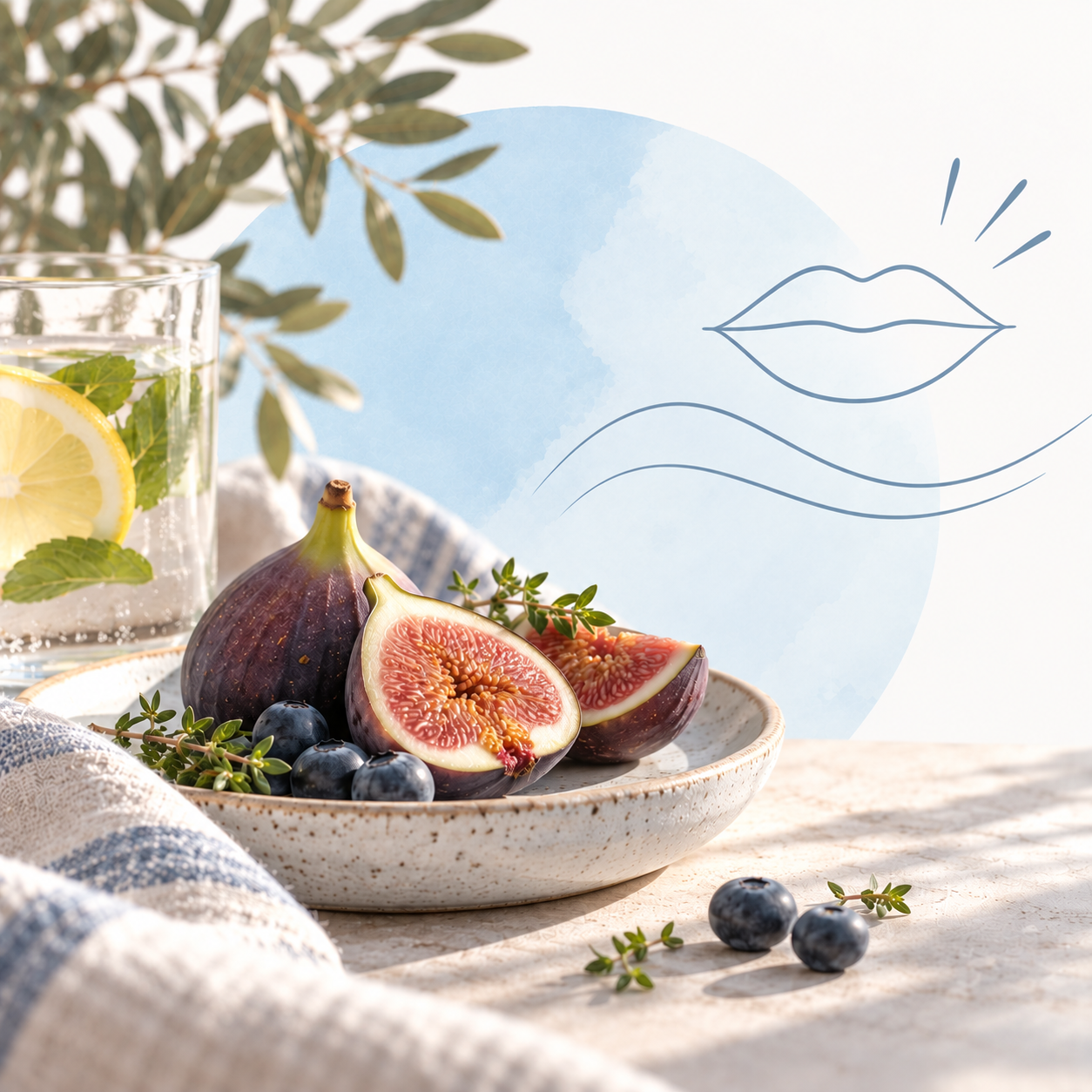 Ein Glas Zitronenwasser und eine Schale mit Feigen und Blaubeeren auf einem sonnenbeschienenen Tisch vor einer Strandkulisse