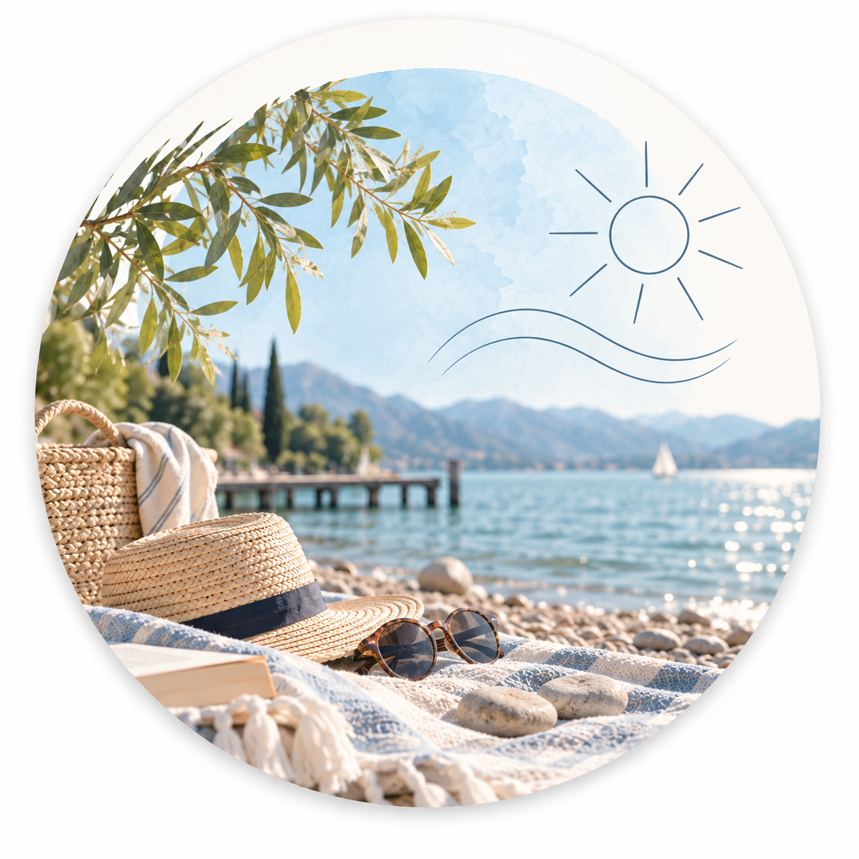 Strandstuhl mit Handtuch und Sandalen an einem sonnigen Seeufer, Berge und ein Segelboot im Hintergrund
