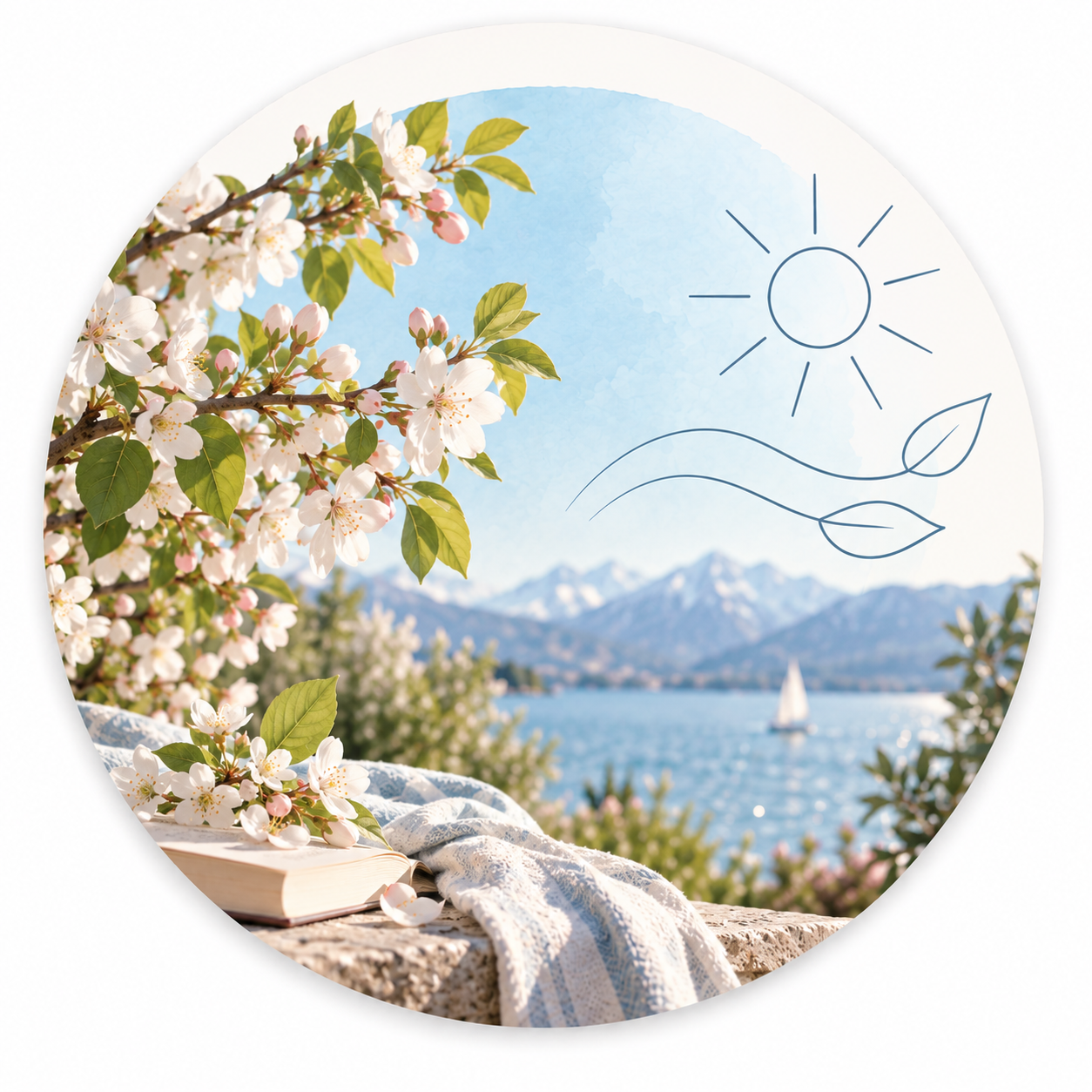 Blühende weiße Blumen umrahmen den Blick auf einen See mit Bergen, einem Segelboot und einer skizzierten Sonne