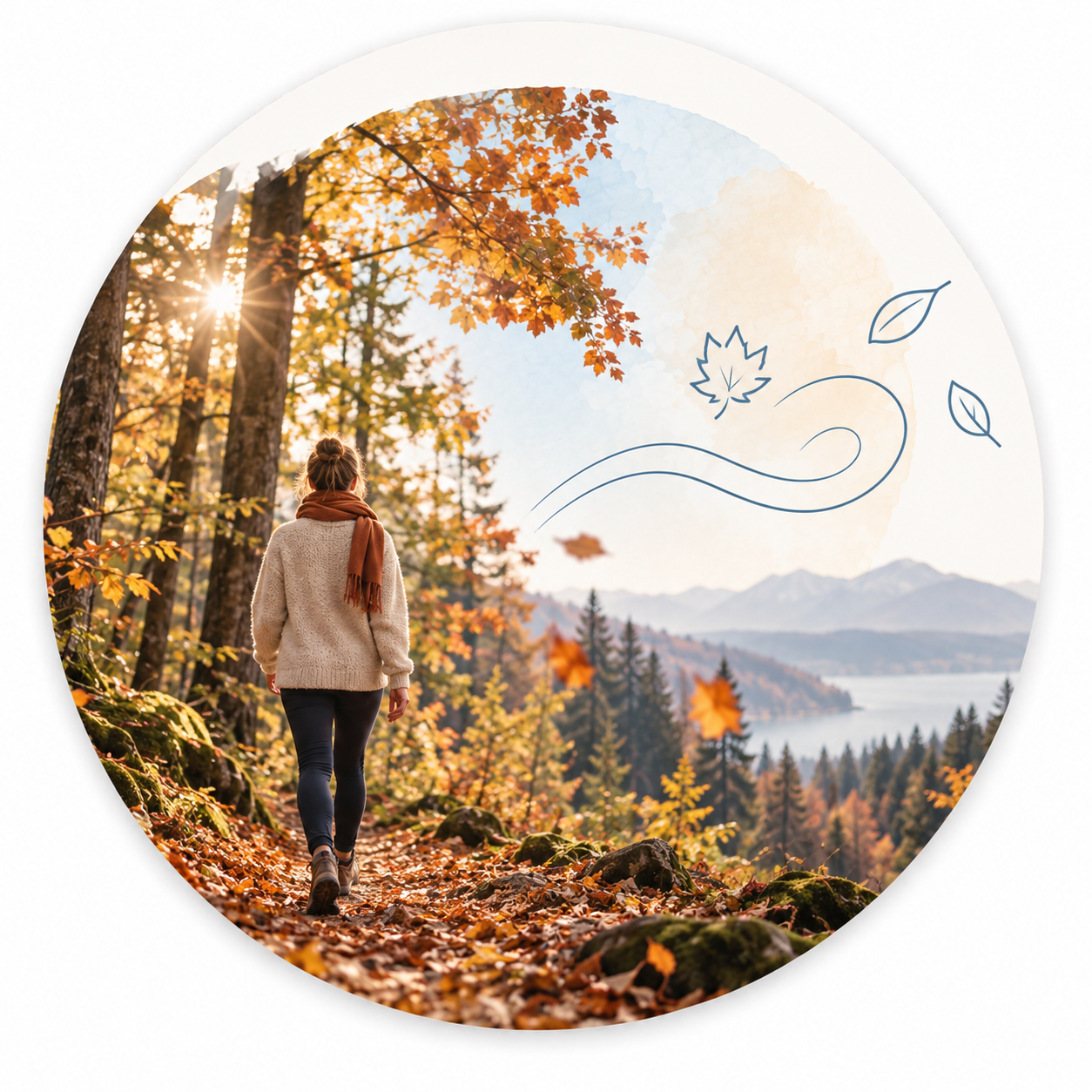 Wanderer im Herbst auf einem Waldweg mit Blick auf Berge und einen See bei Sonnenaufgang