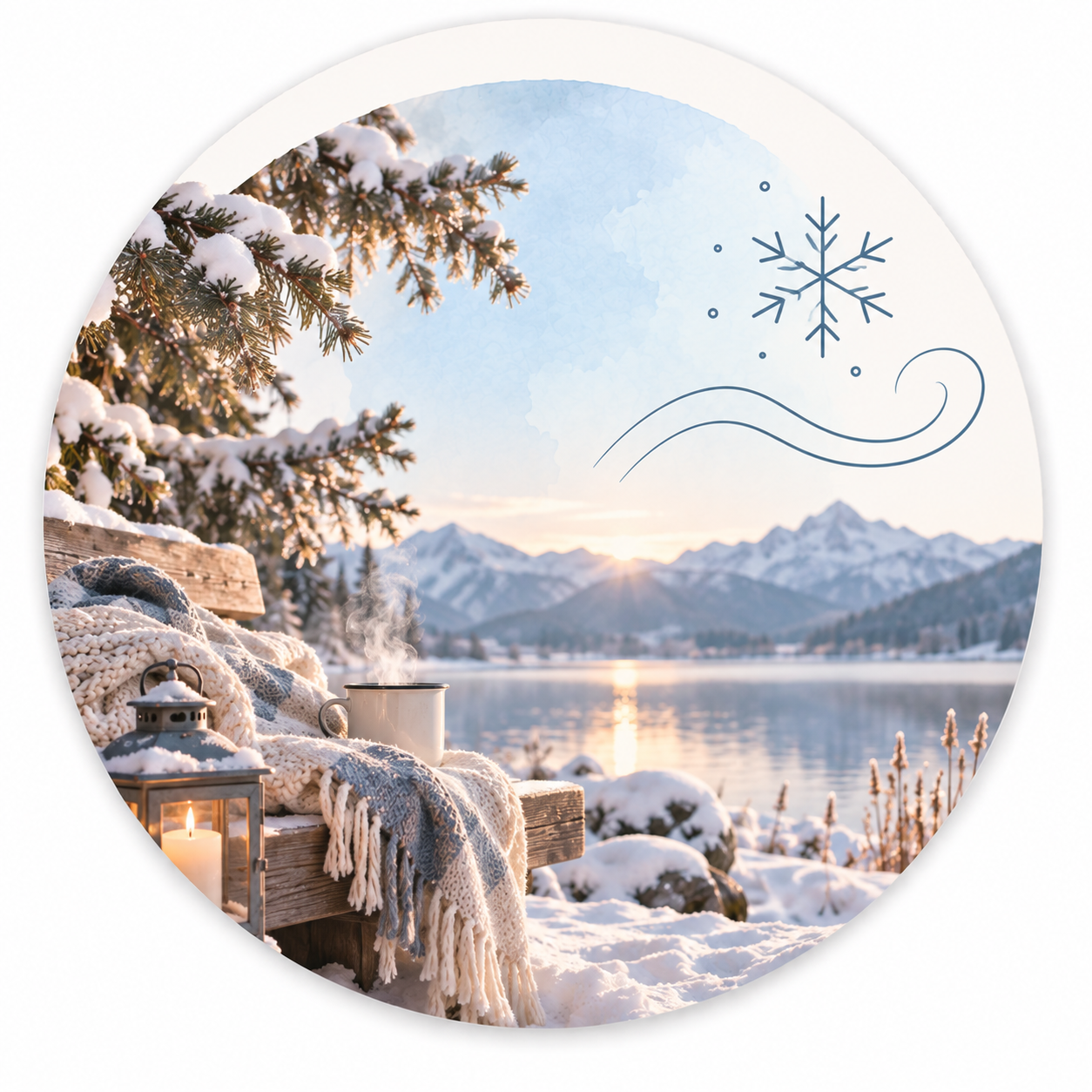 Verschneite Hütte am See mit Bergen, Kiefernzweigen und einer gemütlichen Laterne in der winterlichen Dämmerung