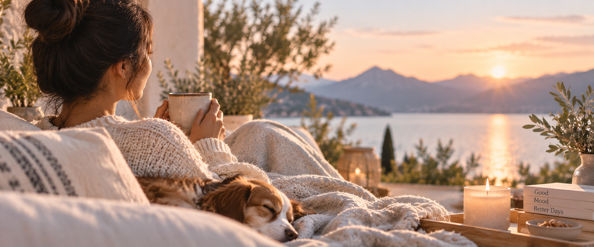 Eine Frau entspannt sich mit einem Hund auf einer Couch und blickt auf den Sonnenuntergang über dem Wasser und den Bergen