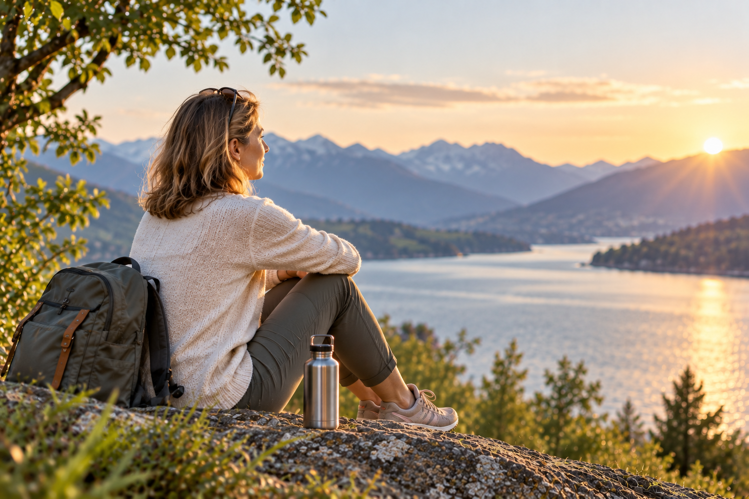 Frau mit Wanderrucksack mit Blick auf den See