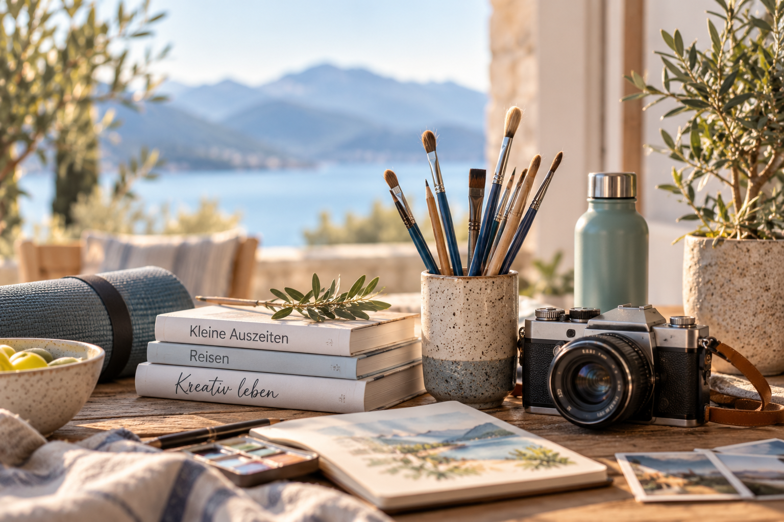 Gemütlicher Reiseskizzen-Arbeitsplatz mit Kamera, Bleistiften, Notizbüchern, Blumen und Seeblick durchs Fenster