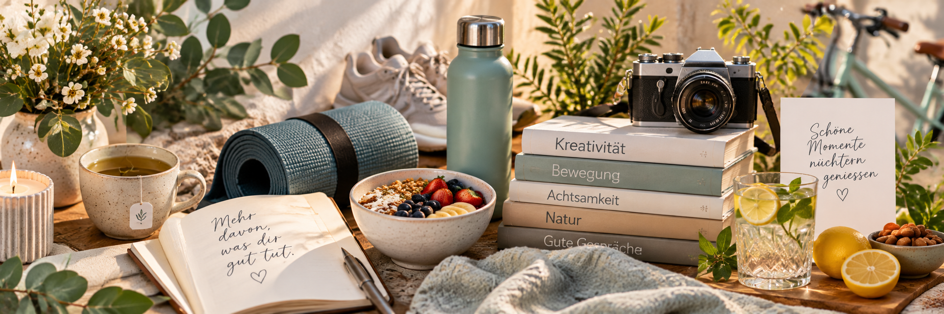 Gemütliches herbstliches Stillleben mit Büchern, Tee, Kerze, Blumen und einer Strickdecke.