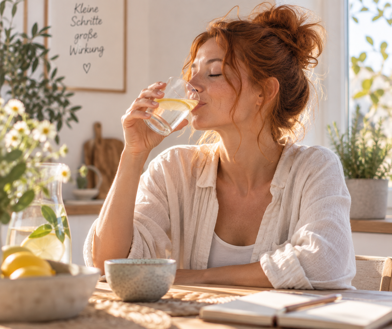 Frau beim Trinken eines Glas Wasser mit Zitrone