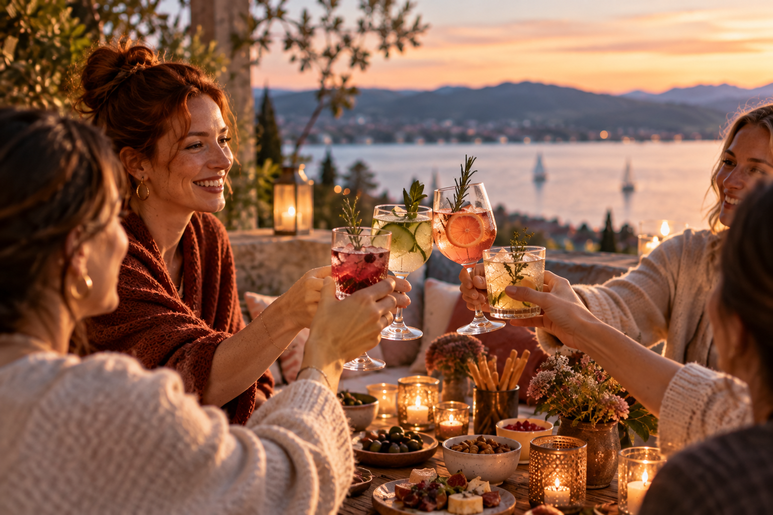 Gesellige Runde mit Frauen und alkoholfreien Drinks