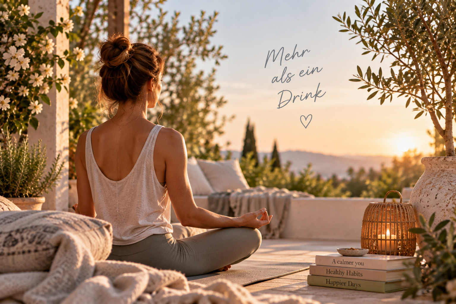 Frau bei Meditation auf einer Terrasse