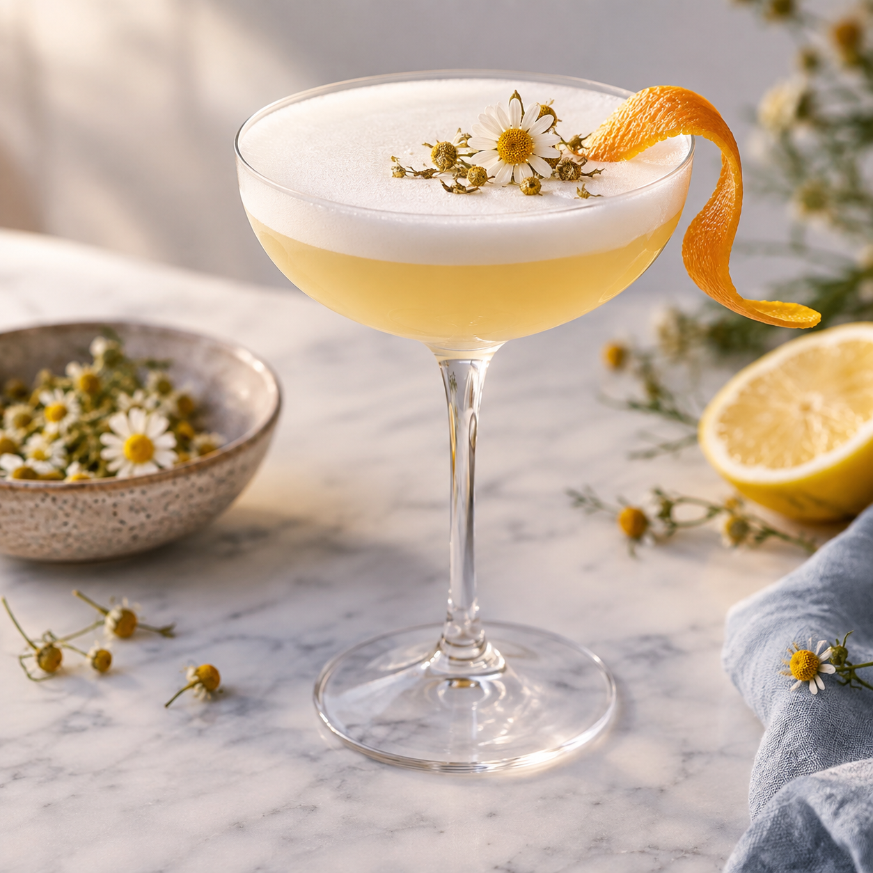 Cocktail in einer Cocktailschale mit weißem Schaum und Zitronenzeste, garniert mit Kamillenblüten auf einem Marmortisch
