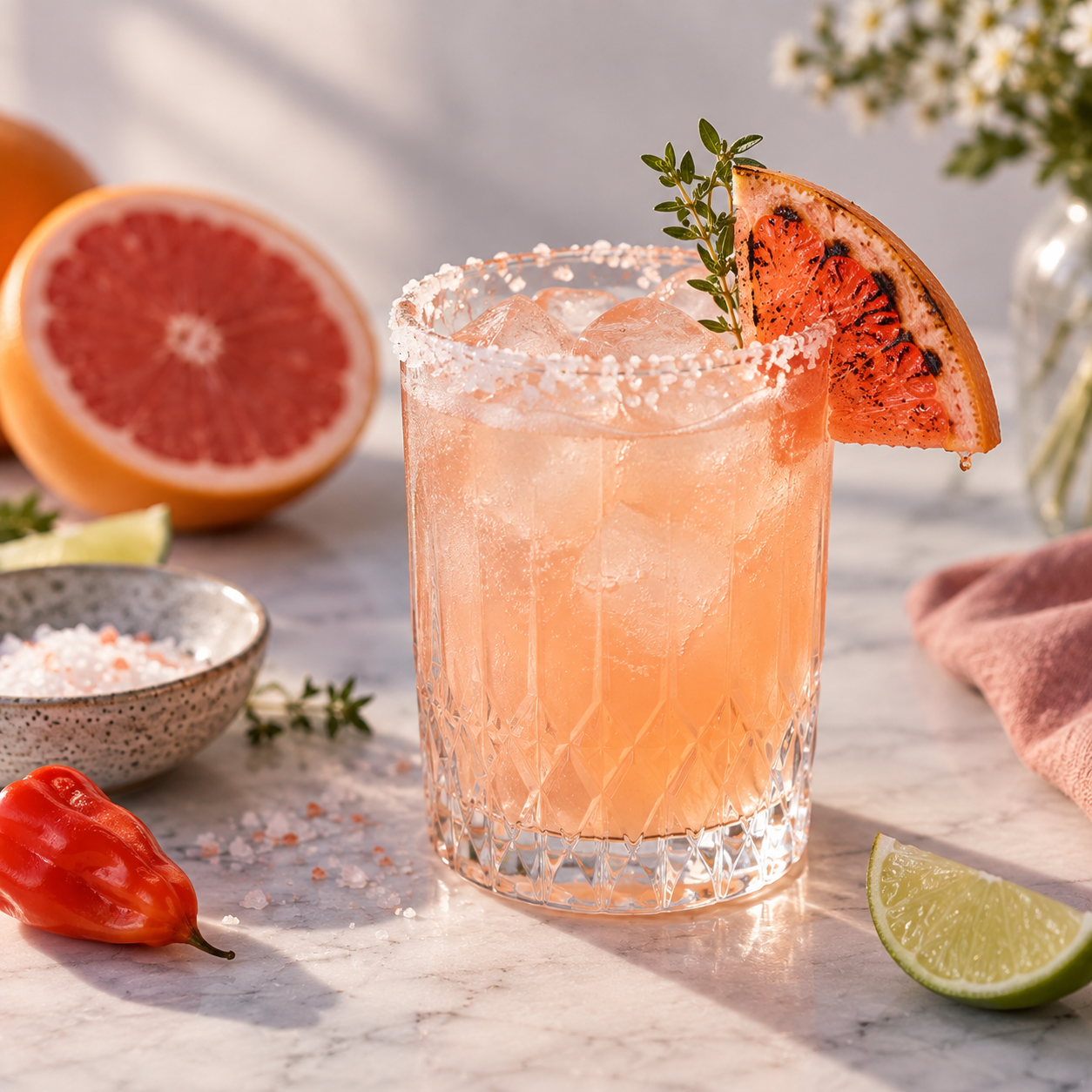 Rosa Grapefruit-Cocktail mit Salzrand, garniert mit einer Grapefruitscheibe und Limettenspalten, auf einem sonnigen Tisch