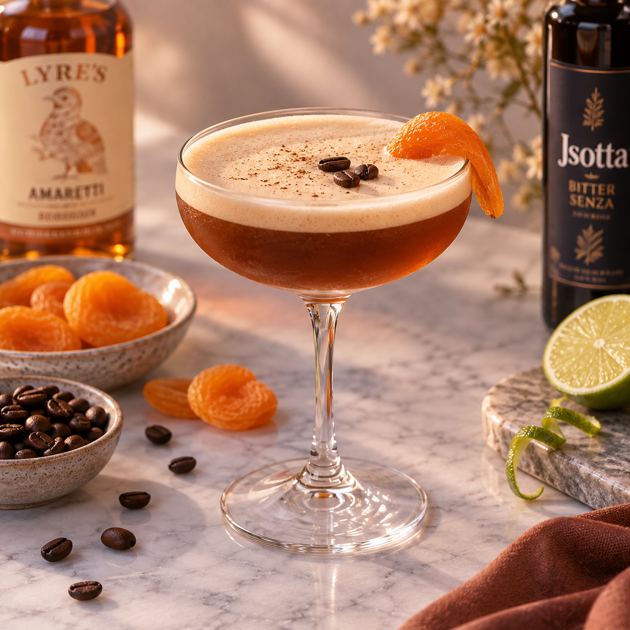 Cocktail in einer Coupette mit Orangenzeste auf Marmor, umgeben von Amarettoflaschen, Kaffeebohnen und Zitrusscheiben