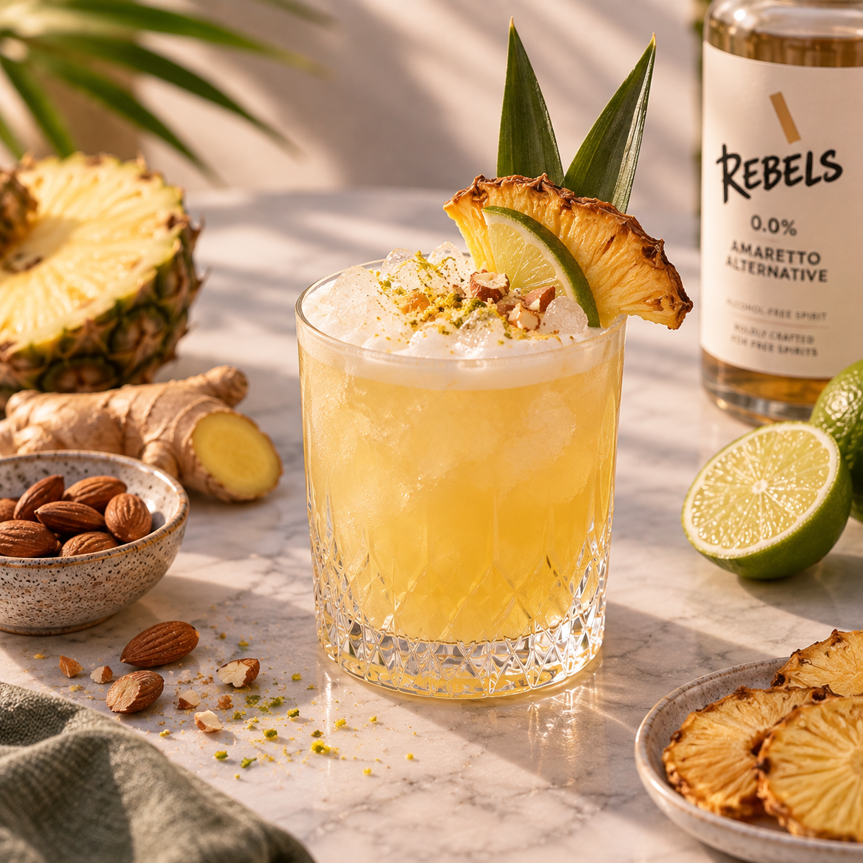 Tropischer Cocktail mit Ananasgarnitur auf einem sonnigen Tisch, umgeben von Ananasscheiben, Limette und Mandeln