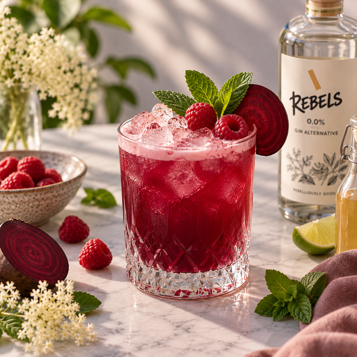 Rosa Beerencocktail mit Himbeeren und Minze auf einem Marmortisch neben einer Flasche alkoholfreiem Gin von Rebels