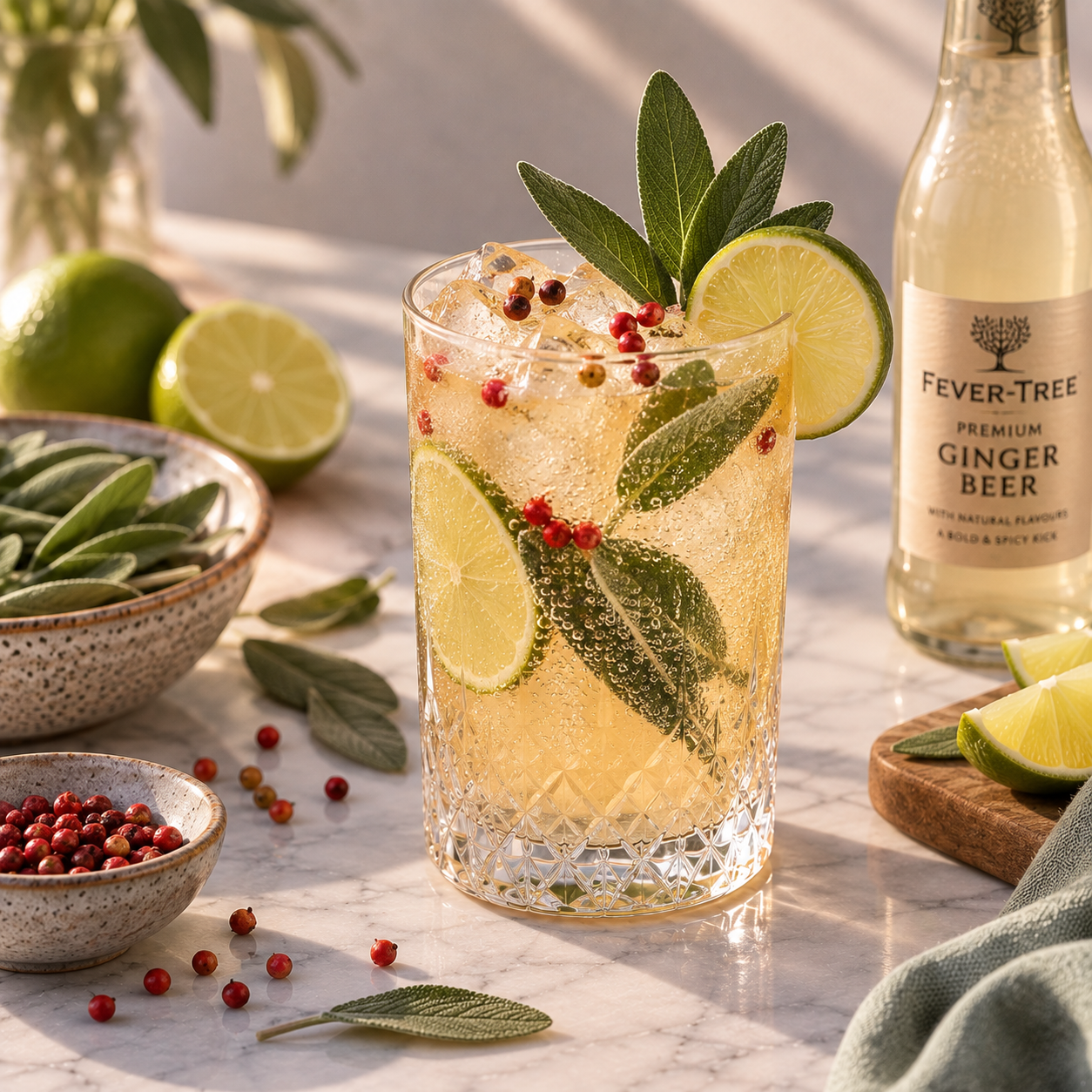 Ingwerbier-Cocktail mit Limette, Minze und Granatapfel auf einem sonnigen Tisch
