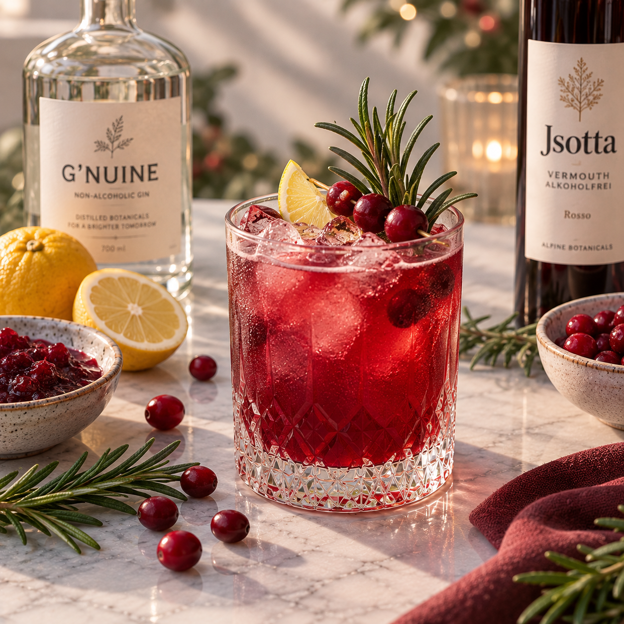 Festlicher roter Cocktail mit Zitrone, Beeren und Rosmarin auf einem Marmortisch neben Weinflaschen