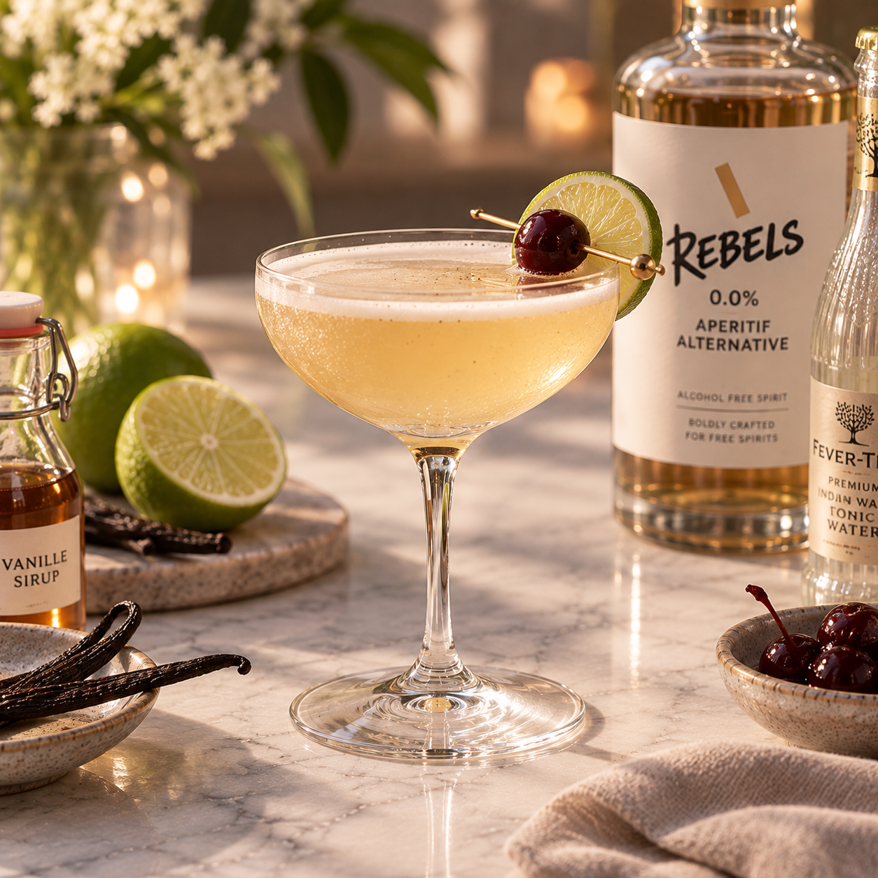 Cocktailschale mit hellem Getränk, garniert mit Limette und Kirsche, neben Tequilaflaschen auf einer warmen Tischplatte