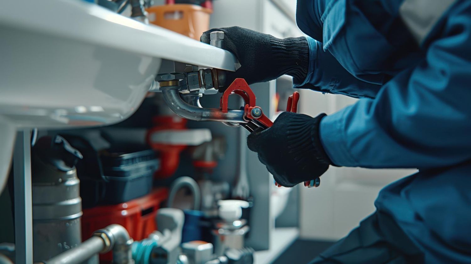 A plumber wearing blue work clothes and black gloves uses a red tool to repair pipes under a bathroom sink.