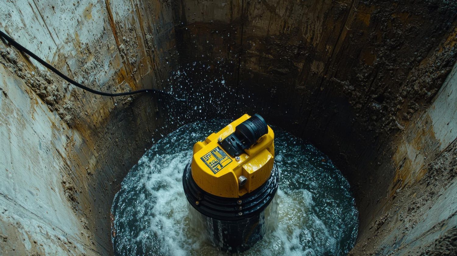 A yellow industrial submersible pump operating in a dark, concrete-lined water pit, splashing water around its base.
