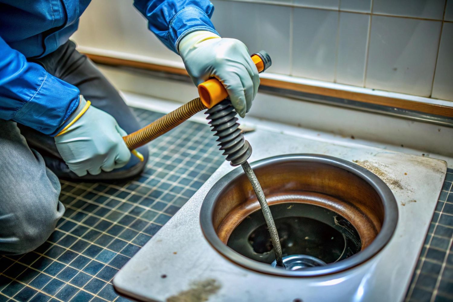 A person wearing blue work clothes and gloves uses a drain snake tool to clear a circular floor drain.