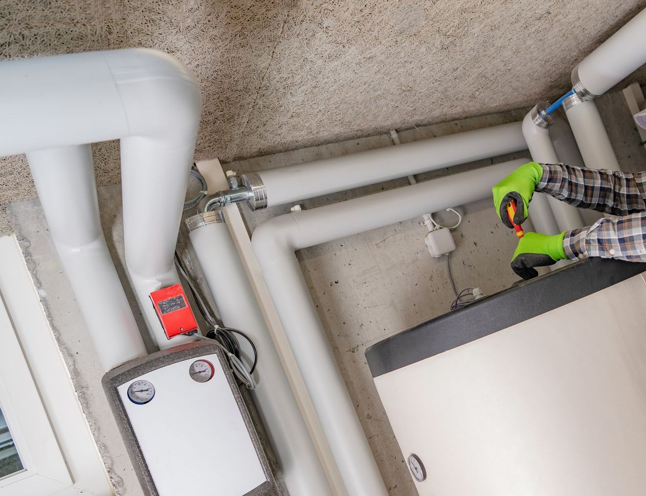 A man is working on a water heater in a basement.