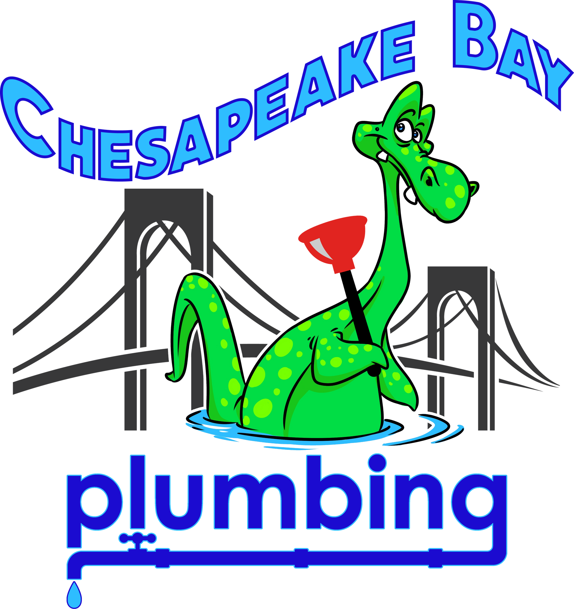 The logo for chesapeake bay plumbing shows a green dragon holding a plunger.