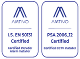 Two logos that say amtivo certified intruder alarm installer and psa 2006 12 certified cctv installer