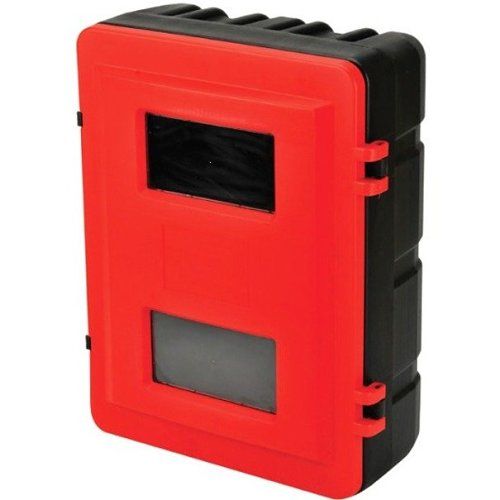 A red and black box with a window on the side