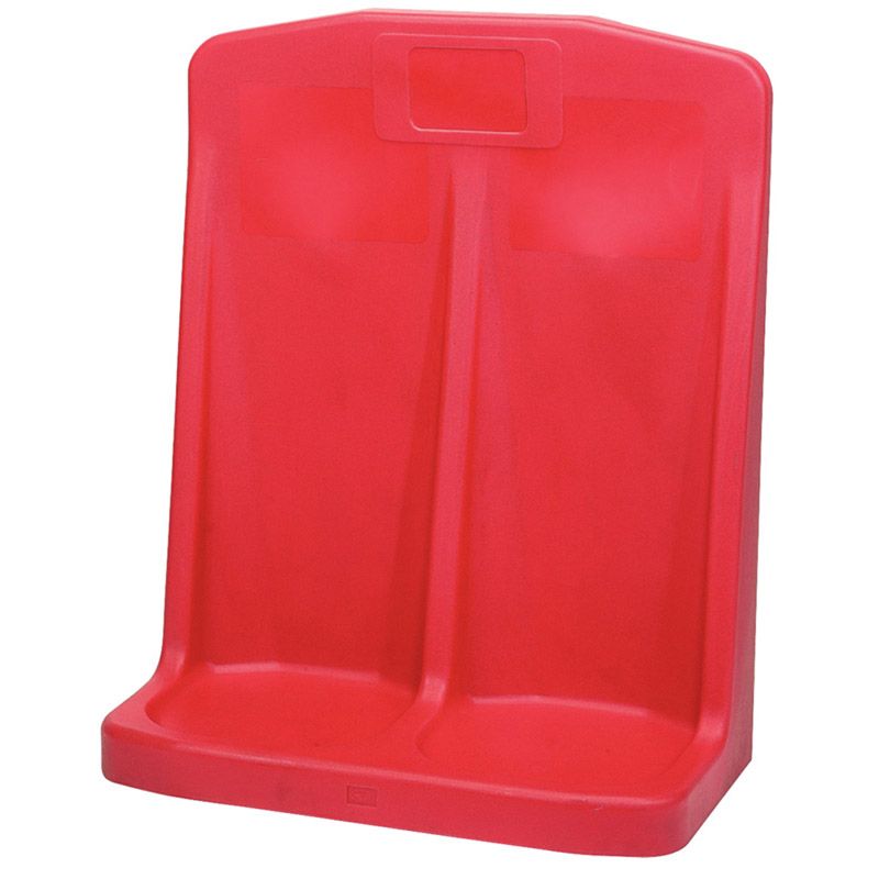 A red plastic container with two compartments on a white background