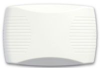 A white box with stripes on it is sitting on a white surface.