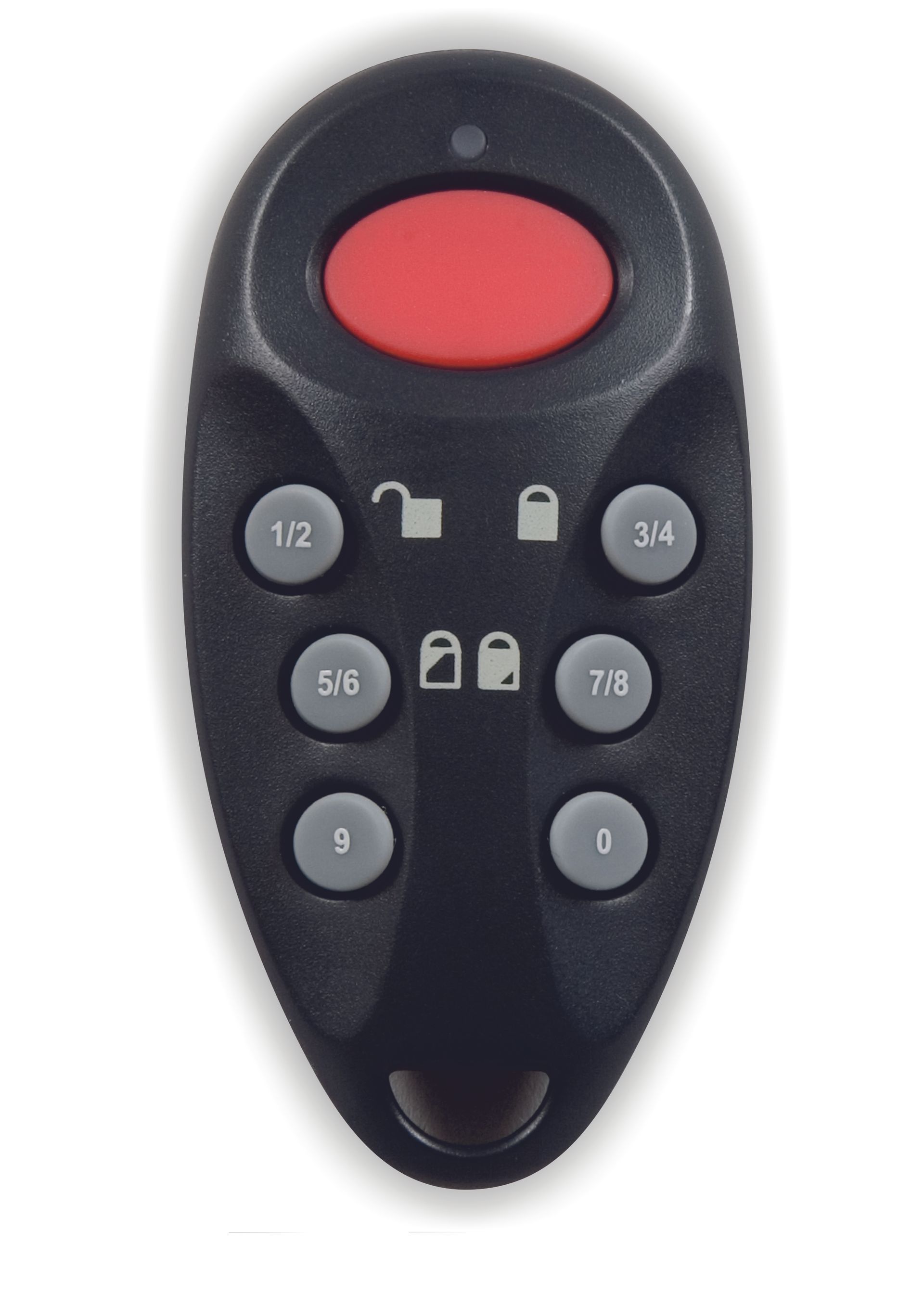 A black remote control with a red button on the top