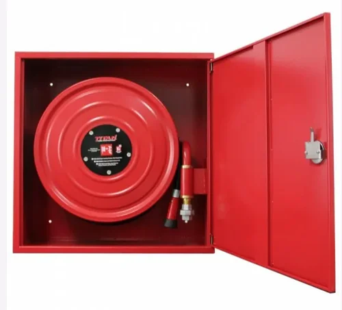 A red box with a fire hose inside of it