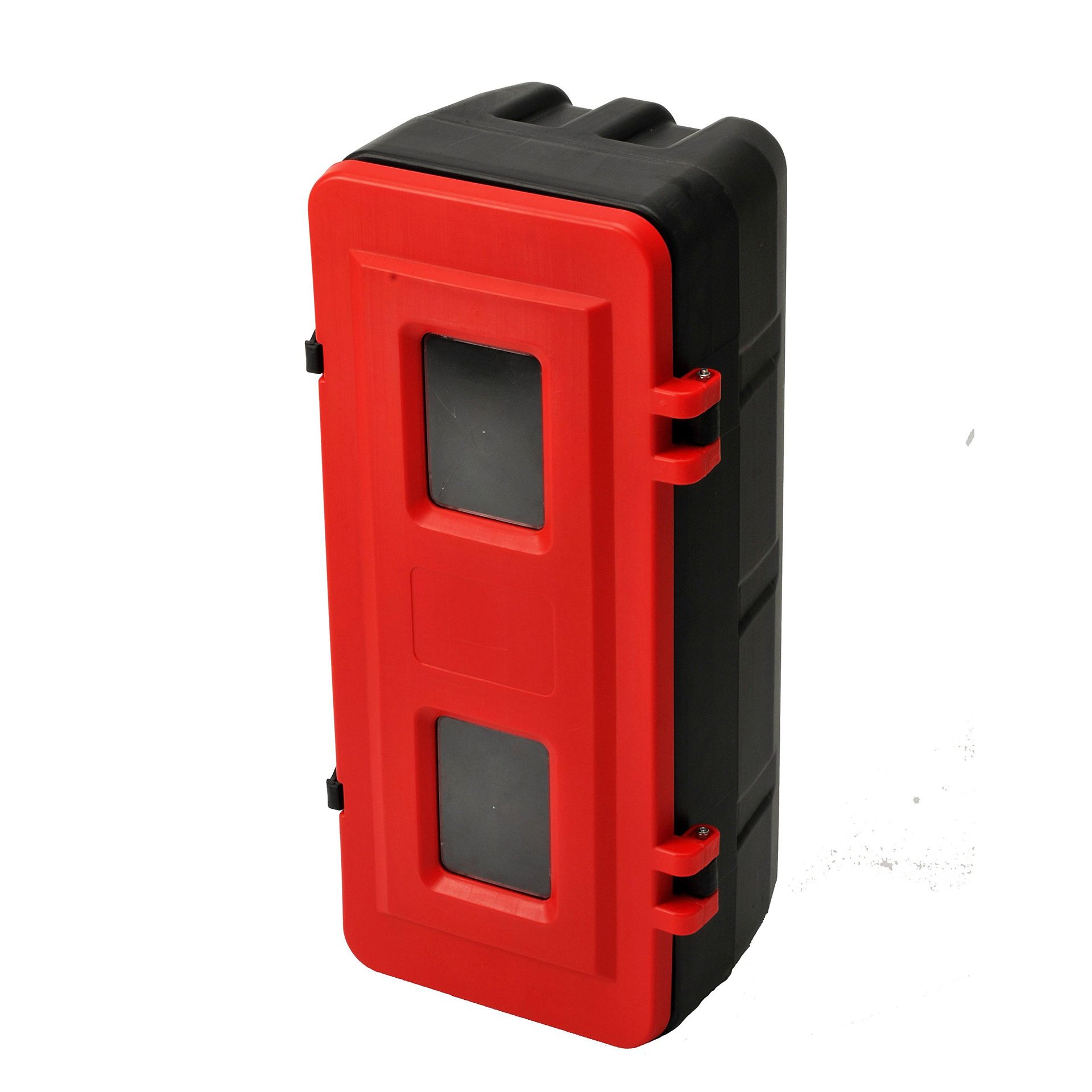 A red and black fire extinguisher case with two windows on a white background.