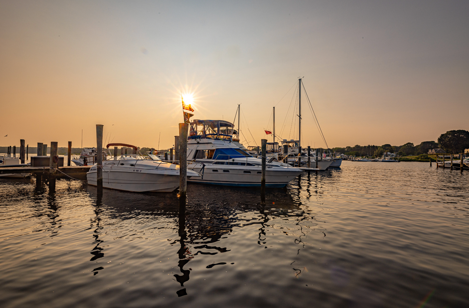 A group of boats are docked at a marina at sunset.