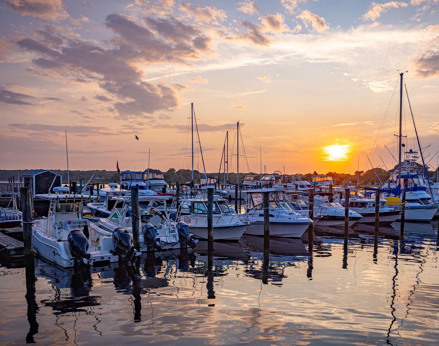 Sunset over a marina with docked sailboats and calm reflective water