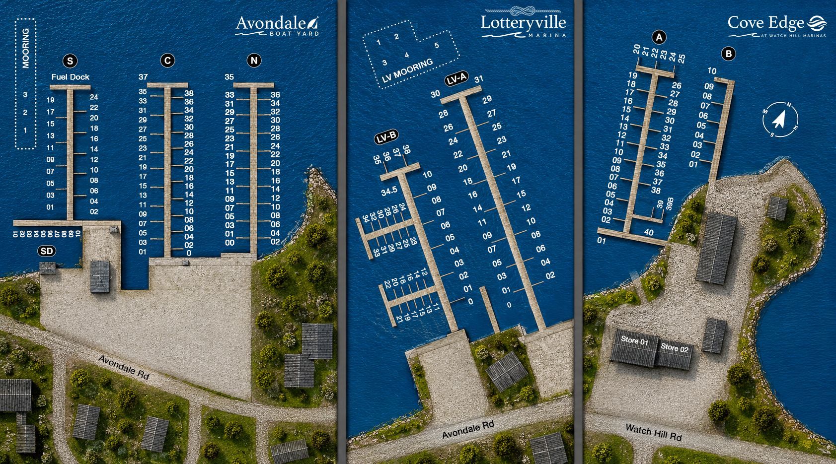 Top-down marina map with blue water, white dock slips, and a gravel shoreline across three views.