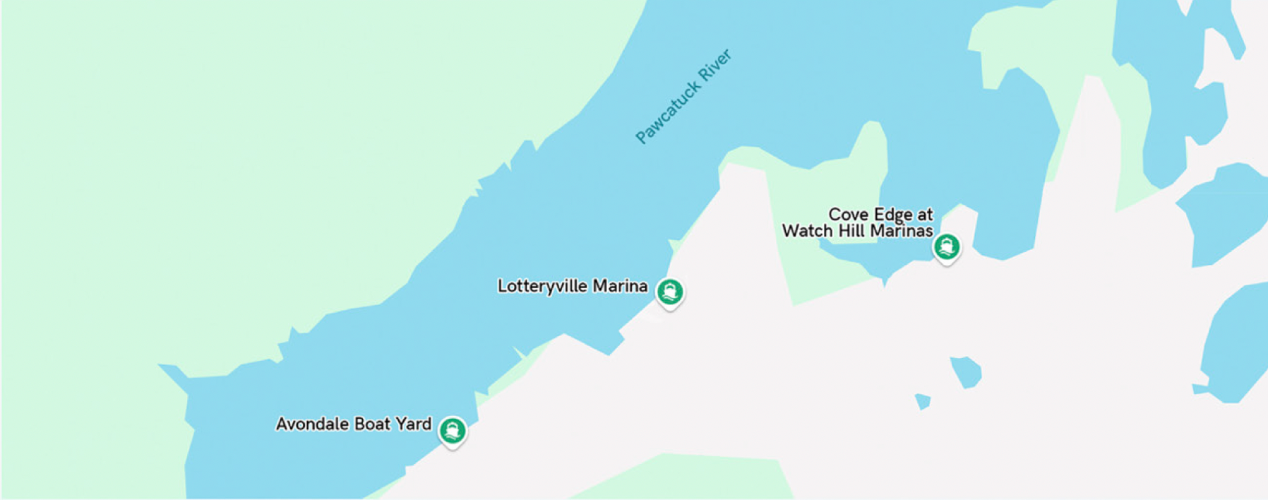 Map showing a coastal route with labeled stops along blue water and land.
