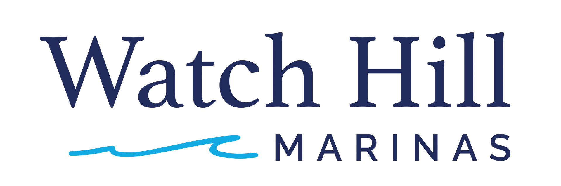 Watch Hill Marinas logo in dark blue text with a light blue wave underline