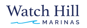 Watch Hill Marinas logo in dark blue text with a light blue wave underline