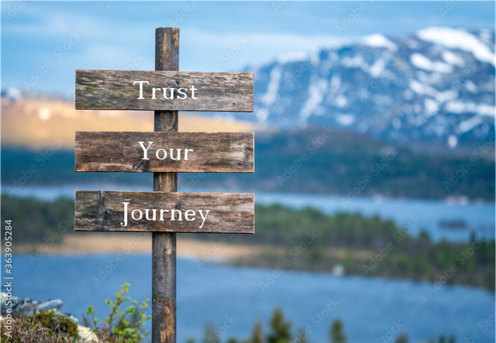 A wooden sign with the words `` trust your journey '' written on it.