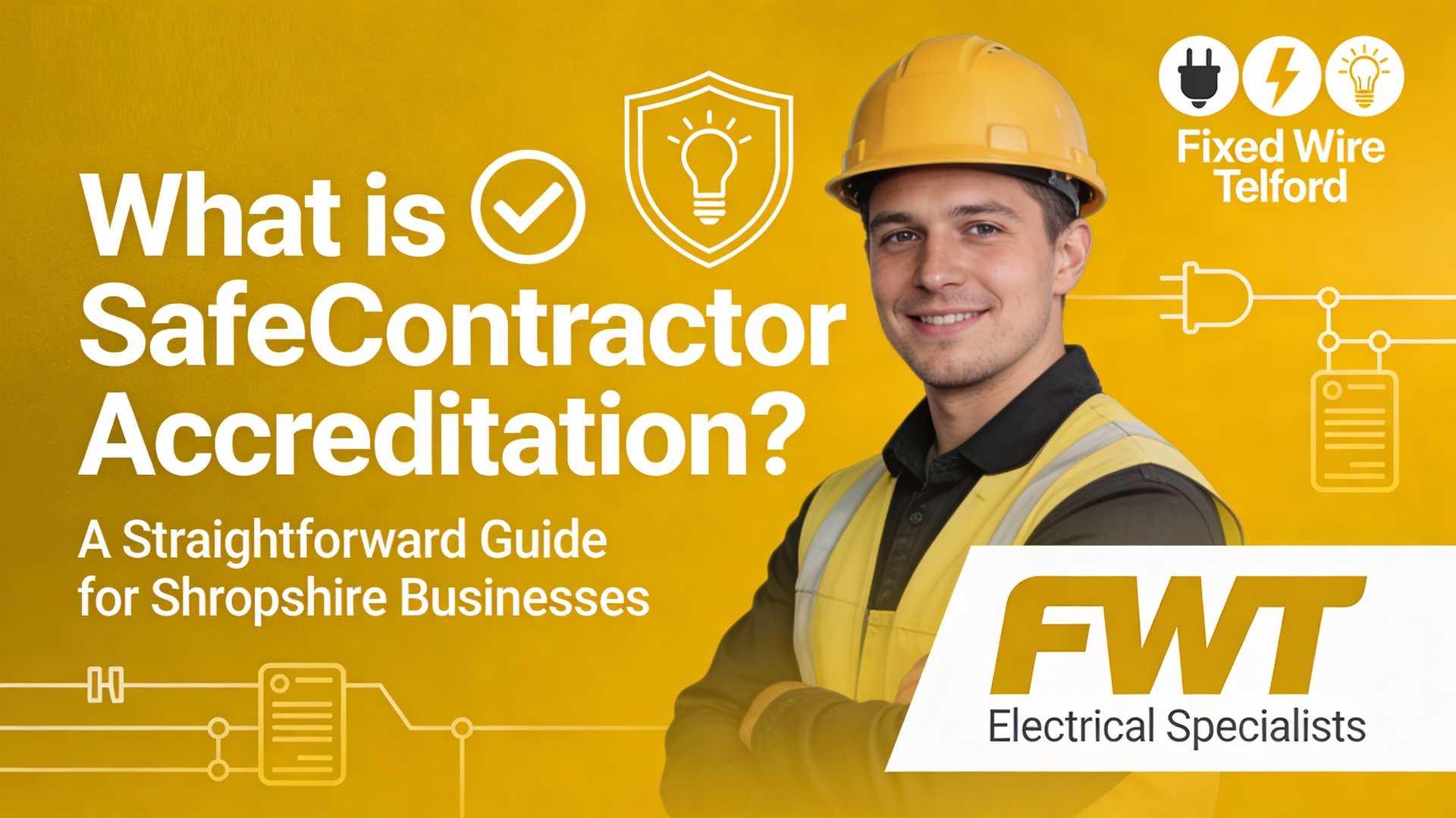 Man in hard hat promoting SafeContractor accreditation for Shropshire businesses. Bright yellow background with FWT logo.