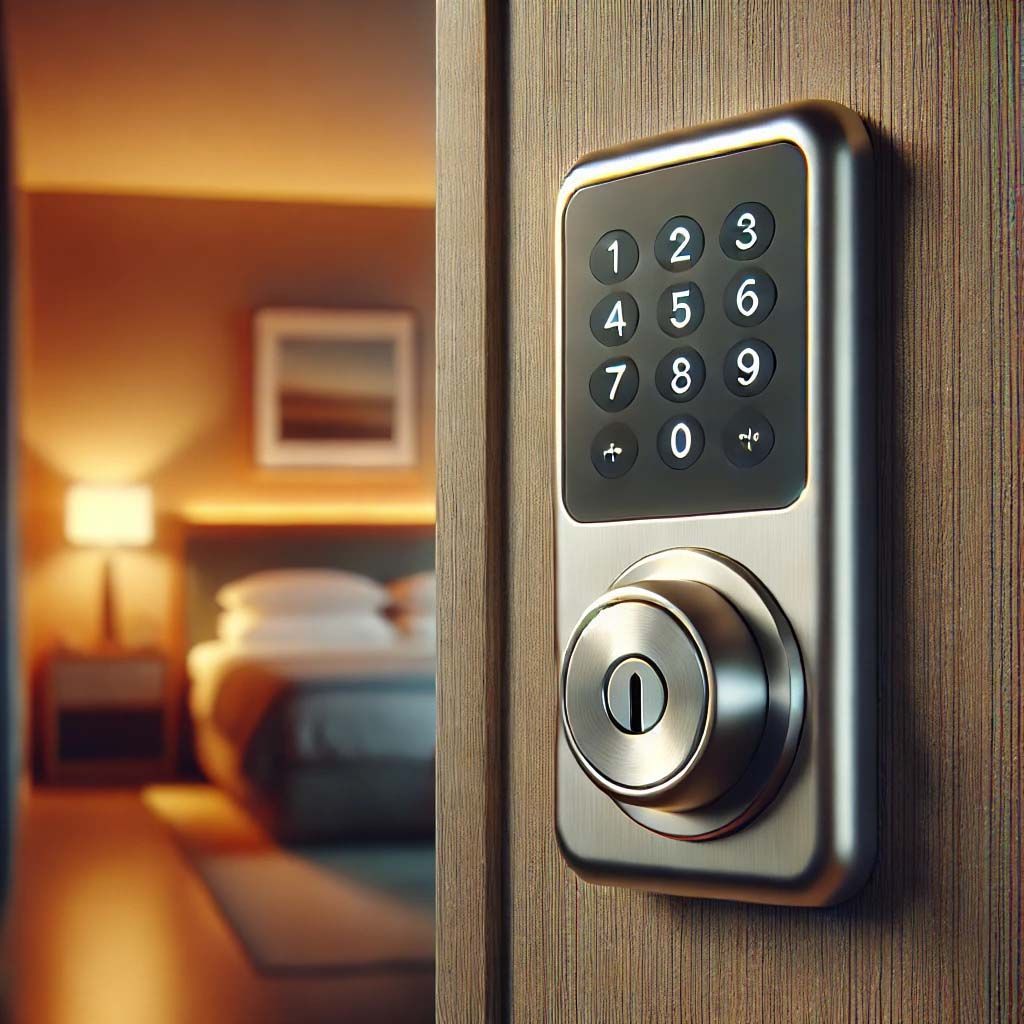 Upclose image of a numbered keypad and doorknob on Carolina Beach Motel door
