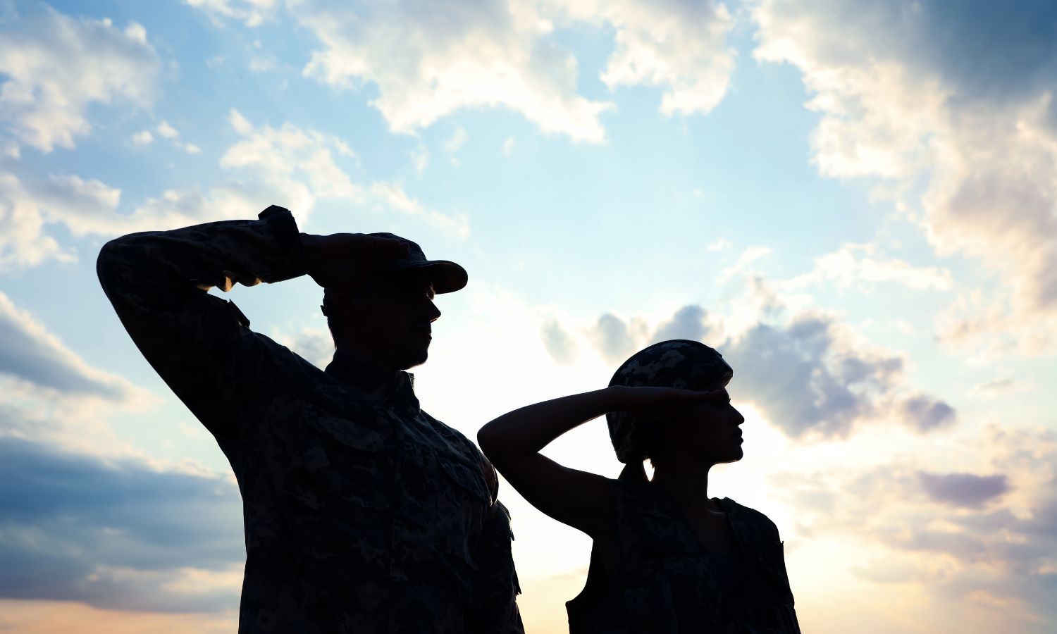 Two individuals in military uniform stand side by side, silhouetted against a bright, cloudy sky.