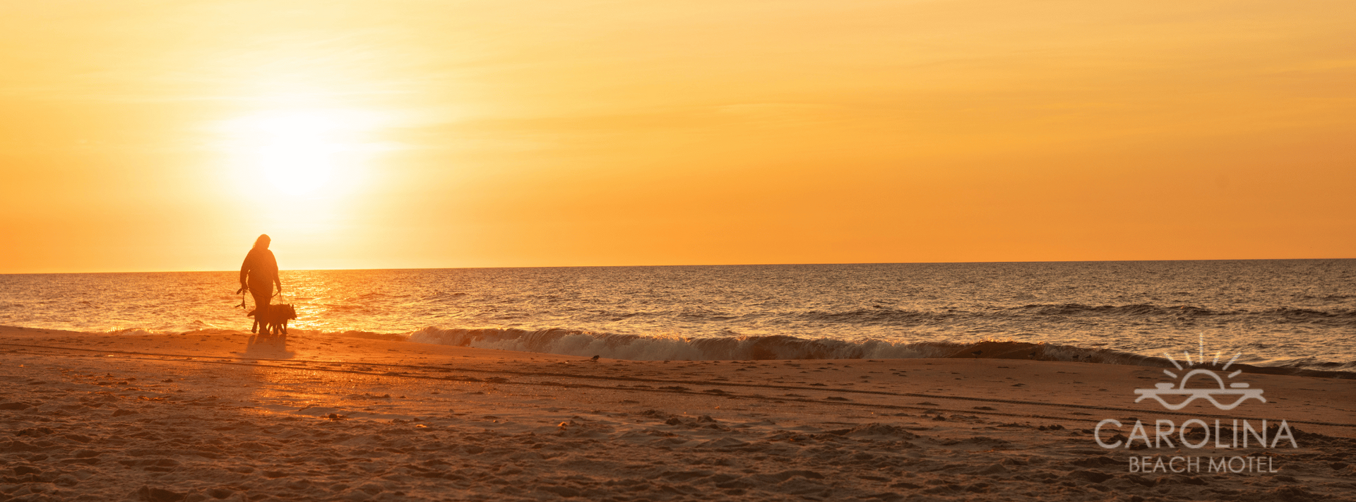 A person walking their dog along the sandy shoreline of Carolina Beach at sunrise with ocean waves.