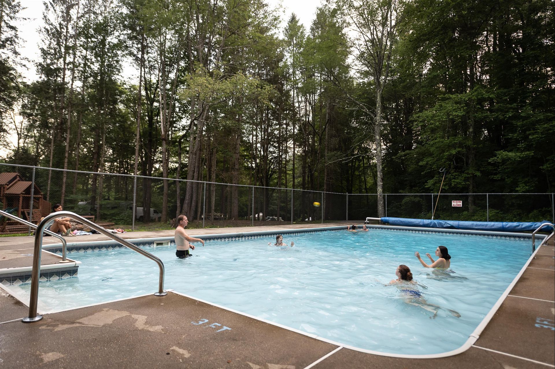 a group of people are swimming in a large swimming pool